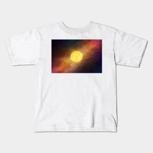 Bright Sun against dark starry sky and Milky Way in Solar System Kids T-Shirt